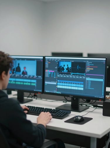 Behind-the-scenes shot of a professional editing suite, glowing monitors displaying blue-toned film sequences, clean and organized minimalist workspace.