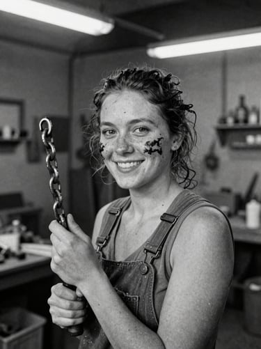 Black and white portrait of a woman with grease on her face holding a chain tool, smiling warmly in a busy workshop, 35mm film grain