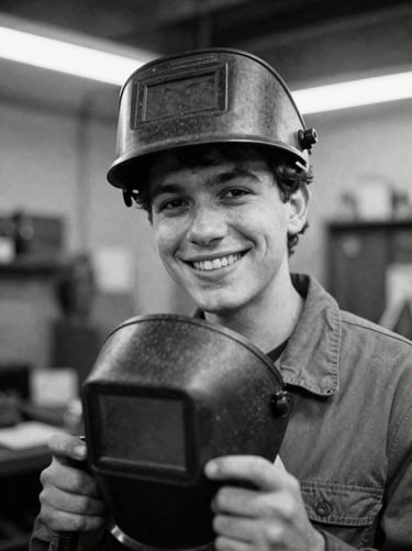 Black and white close-up portrait of a smiling non-binary mechanic in the workshop, holding a welding mask, raw authentic look, 35mm film grain