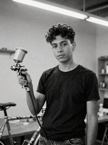 Black and white portrait of a trans person holding a paint spray gun, standing in front of a colorful bicycle frame, 35mm film grain