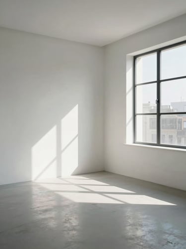 Sun-drenched, minimalist studio interior with clean white walls and high ceilings, soft natural shadows cast by a large window.