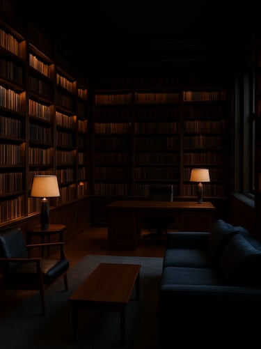 A wide-angle professional photograph of a modern private library with tall shelves. The interior design is sophisticated, featuring dark wood and dark blue tones. A South American / Brazilian setting with soft, ambient lighting.