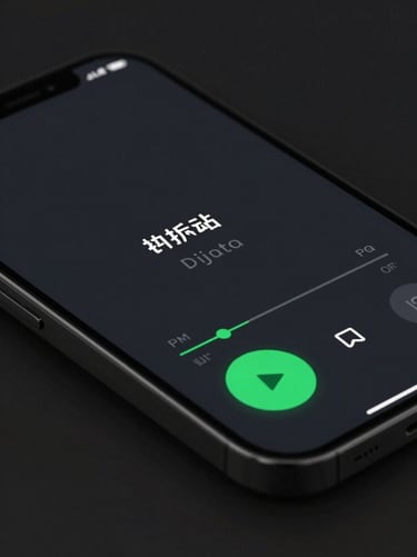 High-fidelity UI screenshot of a minimalist audio player on a phone screen, clean typography, dark charcoal background, electric green play button