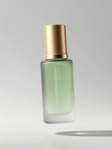 A floating 3D product render of a frosted light-green serum bottle with a liquid gold cap, suspended in mid-air under bright clinical studio lighting with soft shadows and gold reflections, ultra-sharp focus.