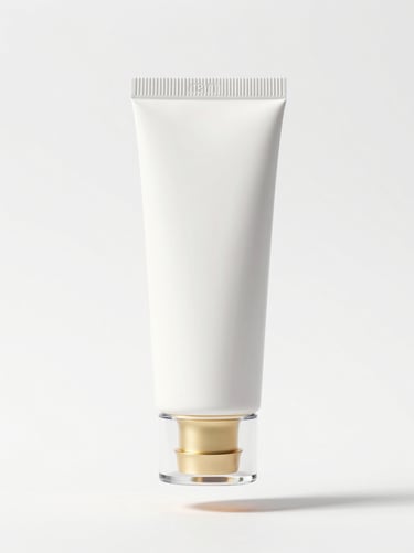 A floating 3D render of a matte white sunscreen tube with a liquid gold cap, clinical studio lighting, soft shadows, pristine white background, ultra-sharp focus.