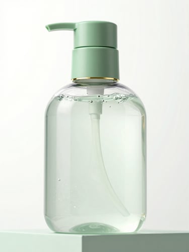 A 3D render of a clear glass cleanser bottle showing a gentle pH-balanced gel with microscopic bubbles inside, bright clinical studio lighting, soft sage green accents, ultra-sharp focus.