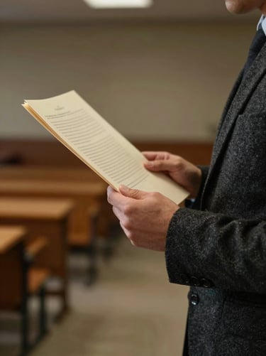A side-profile photograph of a person's hands holding a thick, cream-colored research paper. The person is wearing a dark charcoal wool blazer. The setting is a quiet, dimly lit academic hall.