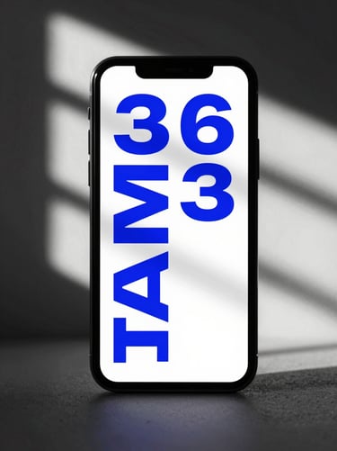 High-contrast 35mm close-up of a mobile ad mockup on a smartphone, electric blue typography, dramatic shadow play