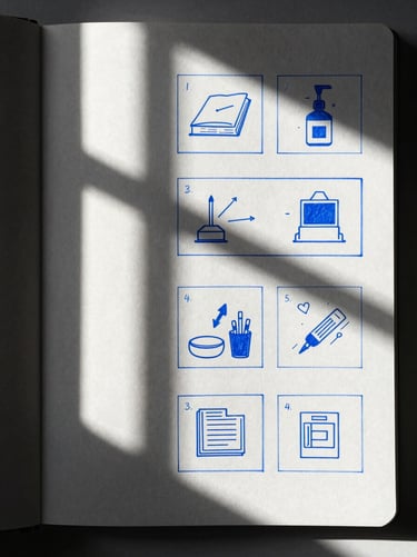 High-contrast minimalist storyboard sketch on textured paper, electric blue ink annotations, dramatic window light