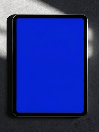 High-fidelity digital ad mockup on a tablet screen, bold electric blue layout, high-contrast shadows