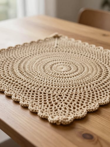 Close-up of elegant sand-colored crochet sousplats on a minimalist wooden dining table, soft morning daylight, 35mm