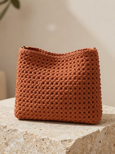 Editorial photo of a structured terracotta crochet bag on a sand stone block, soft natural light, macro texture details, shallow depth of field, 35mm