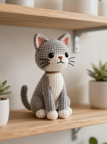 A highly detailed collectible crochet amigurumi cat, sitting on a modern wooden shelf, neutral interior, soft natural light