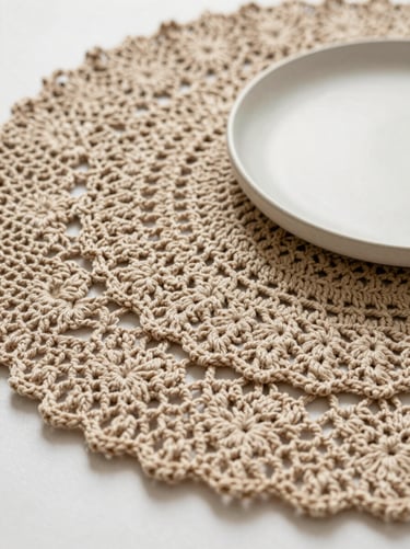Flat lay of elegant crochet table placemats in sand color, minimalist ceramic plate on top, soft morning light