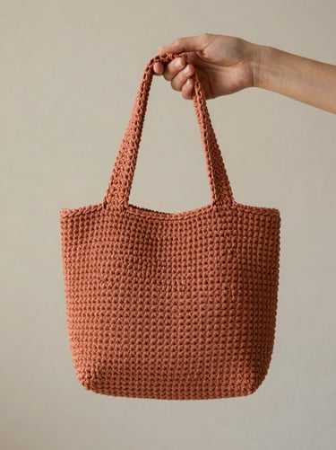 A minimalist crochet handbag in soft terracotta color, held by hands, neutral background, editorial fashion photography, natural light