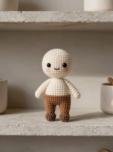 A high-detail whimsical amigurumi character standing on a minimalist concrete shelf, soft daylight, warm earth tones, 35mm
