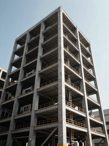 High-contrast architectural photograph of a massive steel and concrete commercial structure under bright daylight, wide-angle perspective emphasizing physical scale.