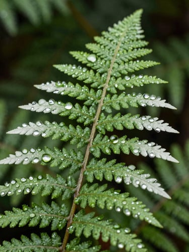 Extreme macro photography of a single fern frond covered in morning dew droplets in a North American forest. Each drop reflects the surrounding greenery. The colors are dominated by vibrant forest green and crisp off-white highlights. Clean, minimalist aesthetic.