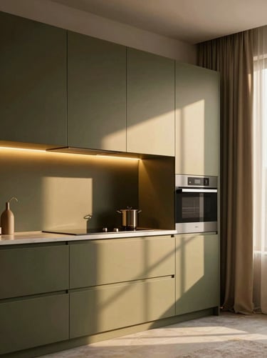 Sleek modern kitchen with custom cabinetry, integrated lighting, elegant silk drapes in the background