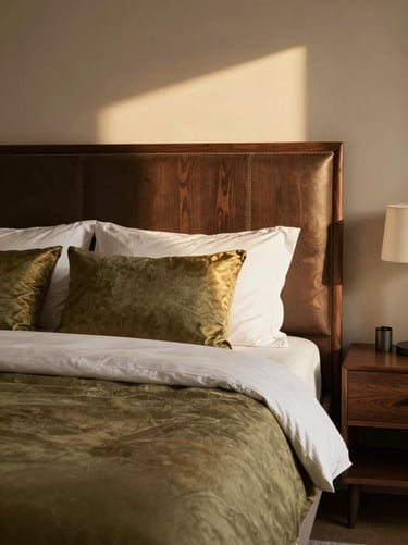 Premium master bedroom suite with dark wood finishes, hand-stitched headboard, warm lighting, editorial photography
