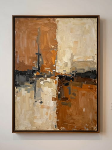 Straight-on elegant gallery shot of an abstract oil painting with rich ochre, cream, and charcoal textures, framed in a thin dark wood frame.