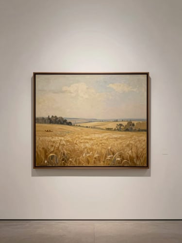Straight-on elegant gallery shot of an atmospheric landscape painting depicting soft golden fields under a hazy sky, framed in a thin dark wood frame.