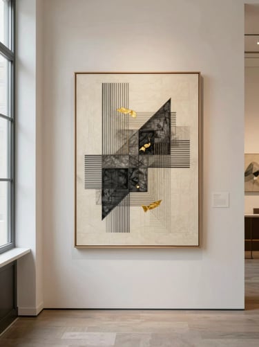 Straight-on elegant gallery shot of a contemporary mixed media artwork with geometric charcoal lines and gold leaf accents.