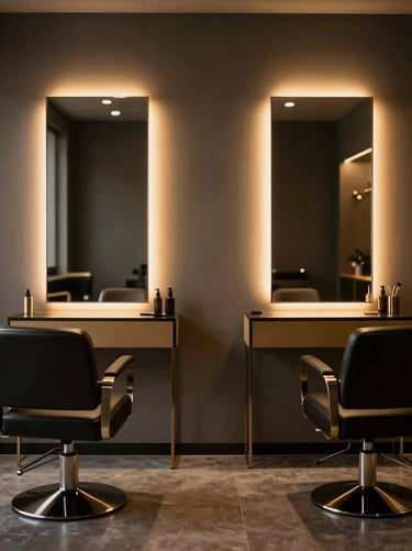 Symmetrical shot of pristine luxury salon stations, warm directional studio lighting, deep charcoal and gold accents, clean mirrors, shallow depth of field, premium editorial photography