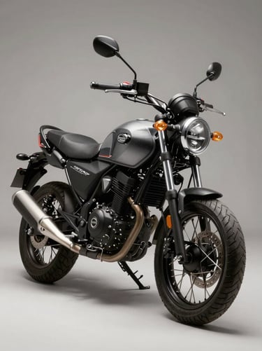 45-degree quartering studio shot of a modern 150cc commuter motorcycle, neutral grey background, key light from upper left revealing engine badge and instrument cluster detail, full bike visible with sharp shadow