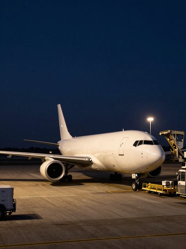 Wide-angle shot of a cargo plane loading freight on the tarmac at dusk, dramatic high-contrast industrial runway lights, steel and deep navy tones, cinematic photography