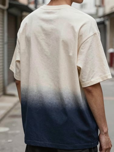 Close-up of a model's back wearing an oversized t-shirt, showcasing a subtle screen-printed graphic, urban alleyway, soft daylight, sand accents.