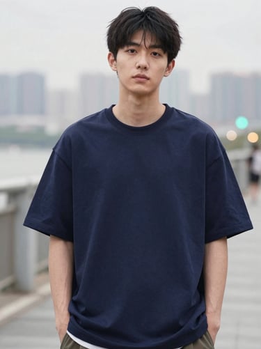 Model in a deep navy oversized t-shirt, front view, blurred city lights background, soft daylight, emphasizing the chest and shoulder structure.