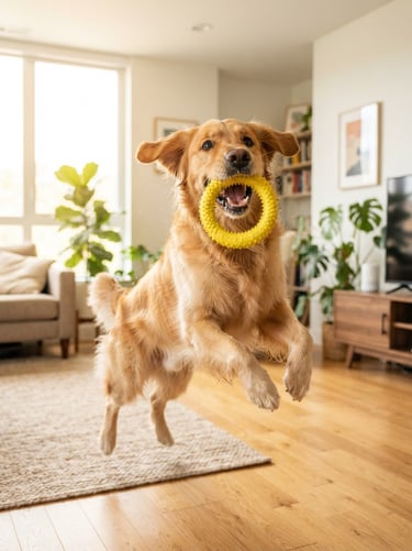 Happy golden retriever catching a yellow non-toxic rubber toy in a bright modern apartment, warm natural daylight, shallow depth of field, 35mm.