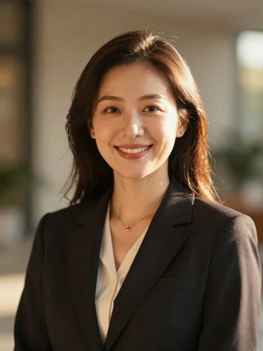 Warm editorial portrait of a female ministry director, natural light, smiling, soft focus, 35mm