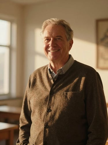 Warm editorial portrait of a senior pastor smiling in a sunlit room, natural golden-hour light, soft background, 35mm