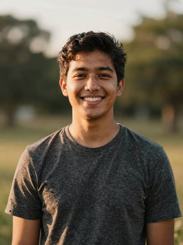 Warm editorial portrait of a youth pastor in a friendly, natural outdoor setting, smiling, 35mm