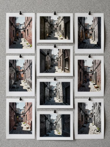 A collection of storyboard sketches pinned to a muted grey corkboard in a North American / US creative studio. The sketches depict dramatic alleyway scenes, lit by sharp, moody shadows.