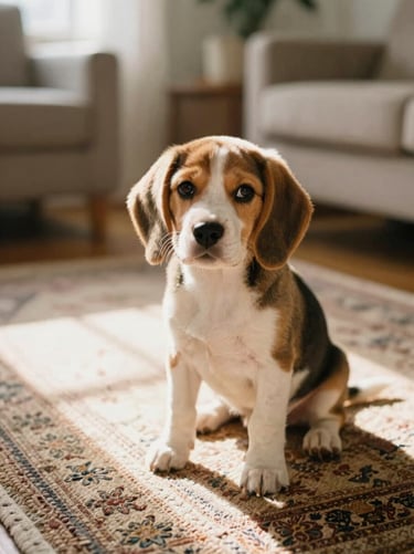 A warm editorial eye-level shot of a young tricolor Beagle puppy sitting on a vintage woven wool rug in a sunlit living room, soft morning light, shallow depth of field, 35mm film style.