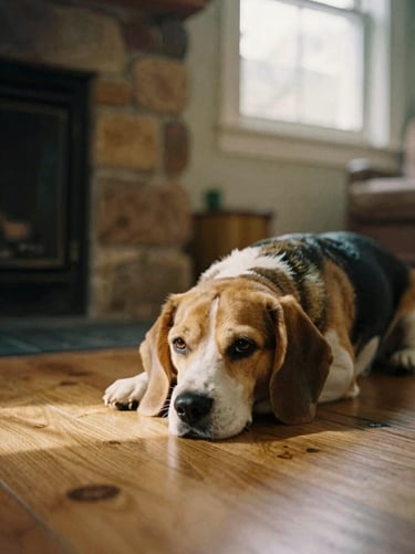 A gentle female Beagle resting her head on a warm oak floor near a stone fireplace, soft overcast window light, cozy home interior, shallow depth of field, 35mm film style.