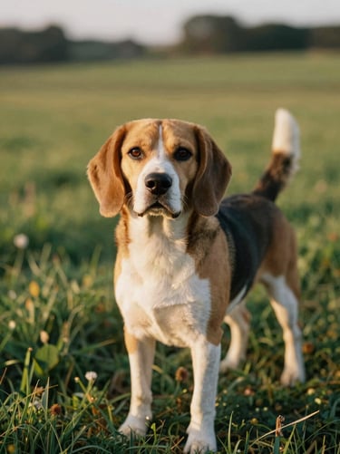 A handsome adult male Beagle standing proudly in a lush green countryside pasture, warm golden-hour sunlight casting long soft shadows, shallow depth of field, 35mm film style.