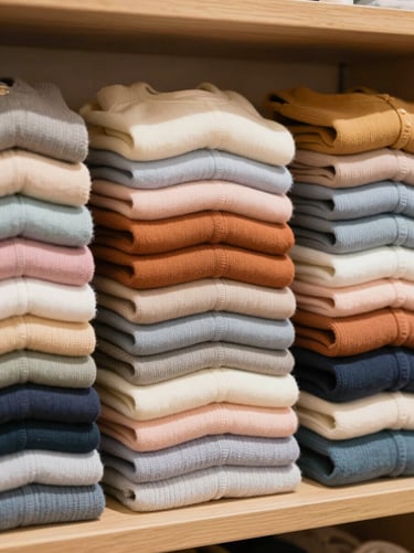 Neatly folded stacks of soft, durable children's knitwear in pastel and warm tones on a light wooden shelf.
