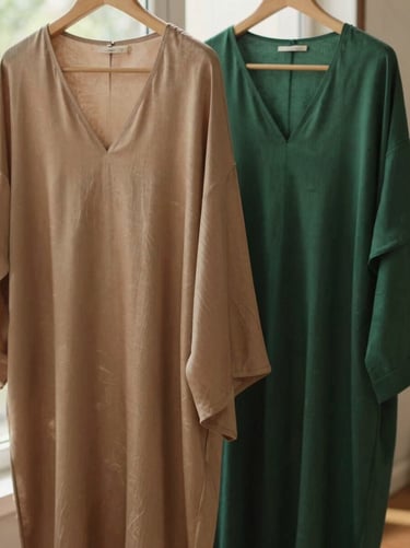An elegant display of draped fine silk and cotton garments in warm earth tones and rich forest green, soft natural window light.