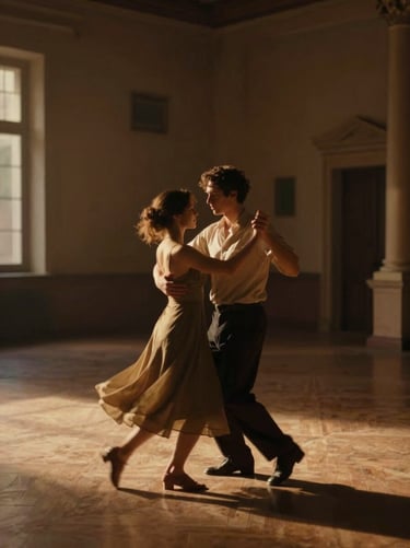 Cinematic wide shot of a couple dancing in a dimly lit historic hall, soft motion blur, warm golden-hour light, artistic composition.