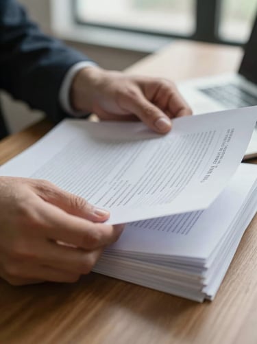 Close-up of hands organizing a stack of financial documents on a wooden desk, diffused north-facing window light, a pen resting beside the papers, shallow depth of field emphasizing the paperwork detail