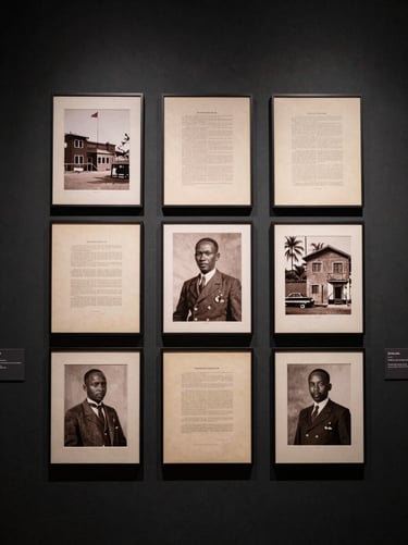 A collection of historical photographs and documents neatly displayed on a dark charcoal black museum wall in Angola, illuminated by focused soft off-white spotlights.
