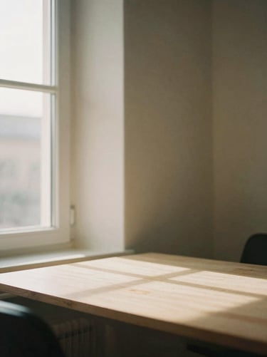 Architectural detail of a modern minimalist workspace, soft natural daylight, warm sand tones