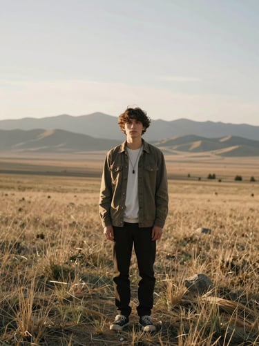 Wide environmental portrait of a subject integrated into a sweeping Wyoming landscape at golden hour