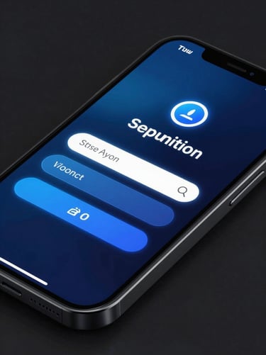 Sleek close-up of a smartphone displaying a secure login interface with glowing neon blue accents, dark mode aesthetic, crisp studio lighting