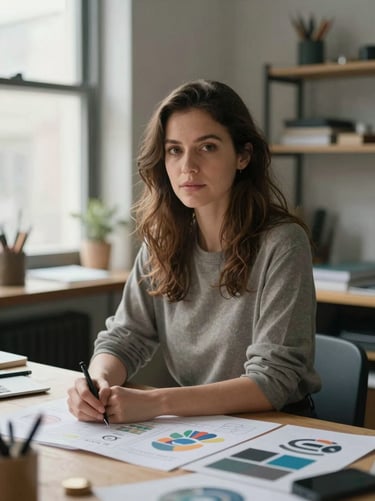 Close portrait of a woman in her late 20s sitting at a creative studio table with design materials spread in front of her, natural light from a large window to her left, looking directly at the lens, calm expression