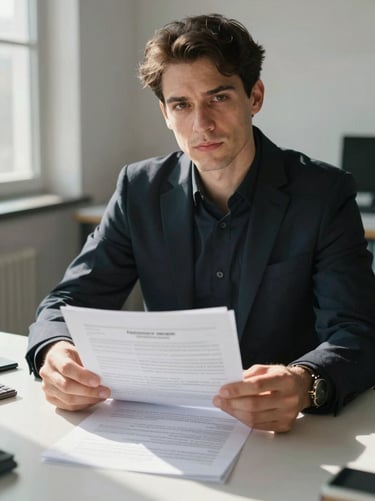 Close-up environmental portrait: a hiring manager seated at a plain desk reviewing printed documents, natural window light casting honest shadows across the papers, direct gaze toward camera, sparse workspace visible in background